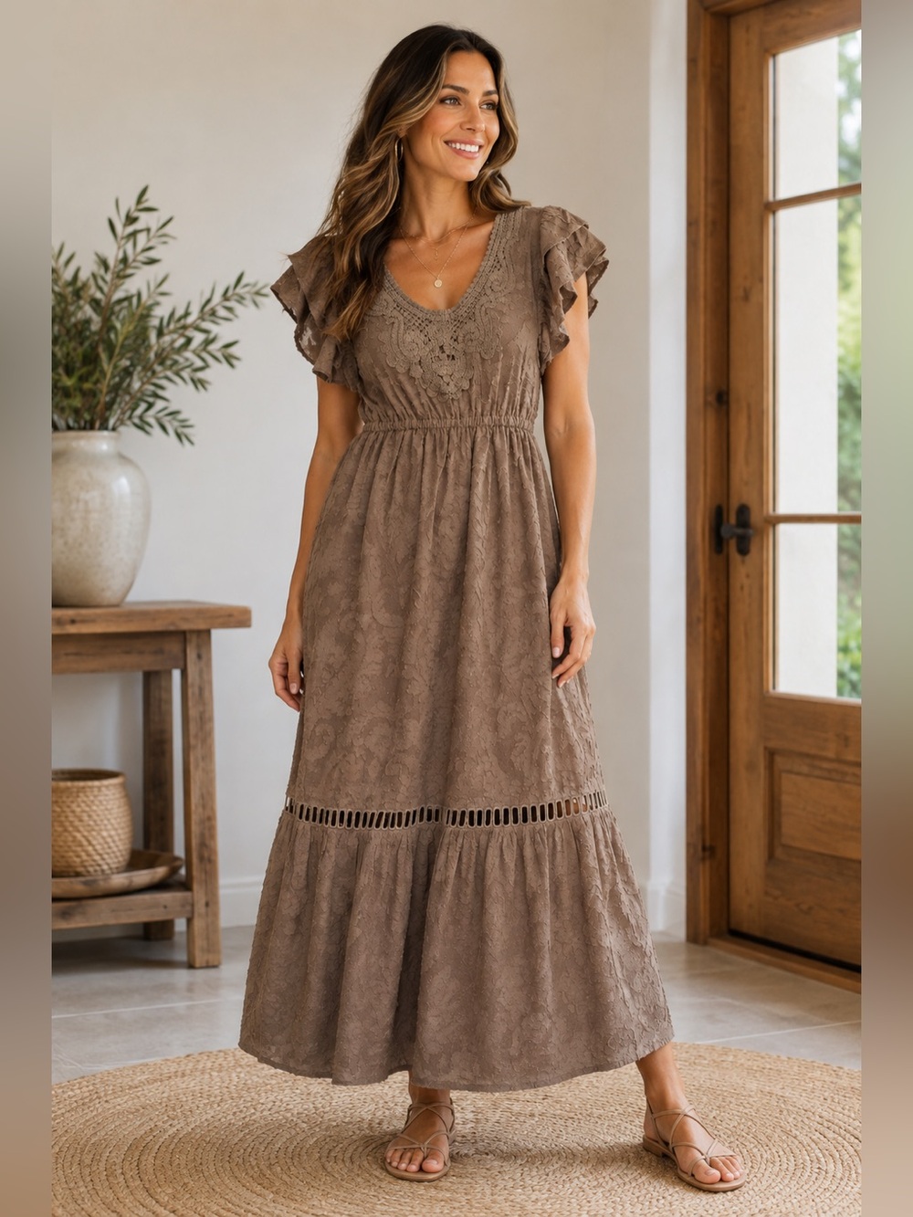 Ollari New York/ Olive Textured Cotton Maxi Dress Flutter Sleeves - Sz. M -NWT